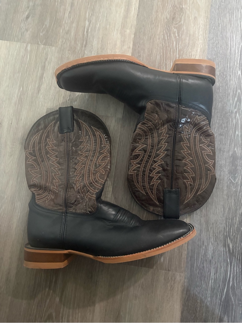 Men's Black Leather Western Boots with Brown Embroidered Shaft